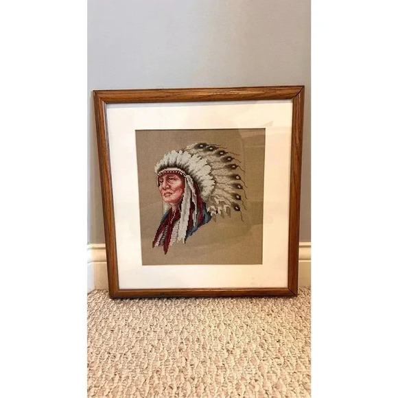 Vintage 1989 Indian Chief Cross Stitch Needlework Leisure Arts 834 13"x16" - Picture 1 of 11